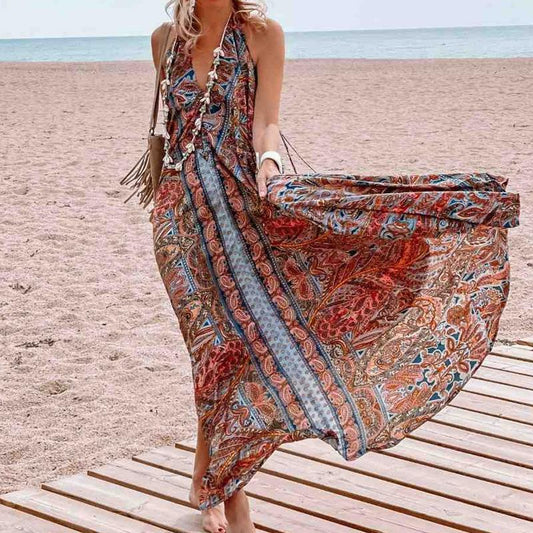 Printed Neck V-Neck Bohemian Dress