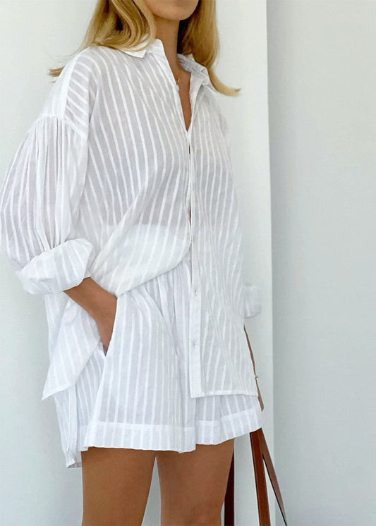 Striped Cotton Shirt And Shorts Set White