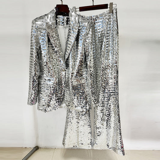 Trendy Sequined Blazer Pantsuit Set