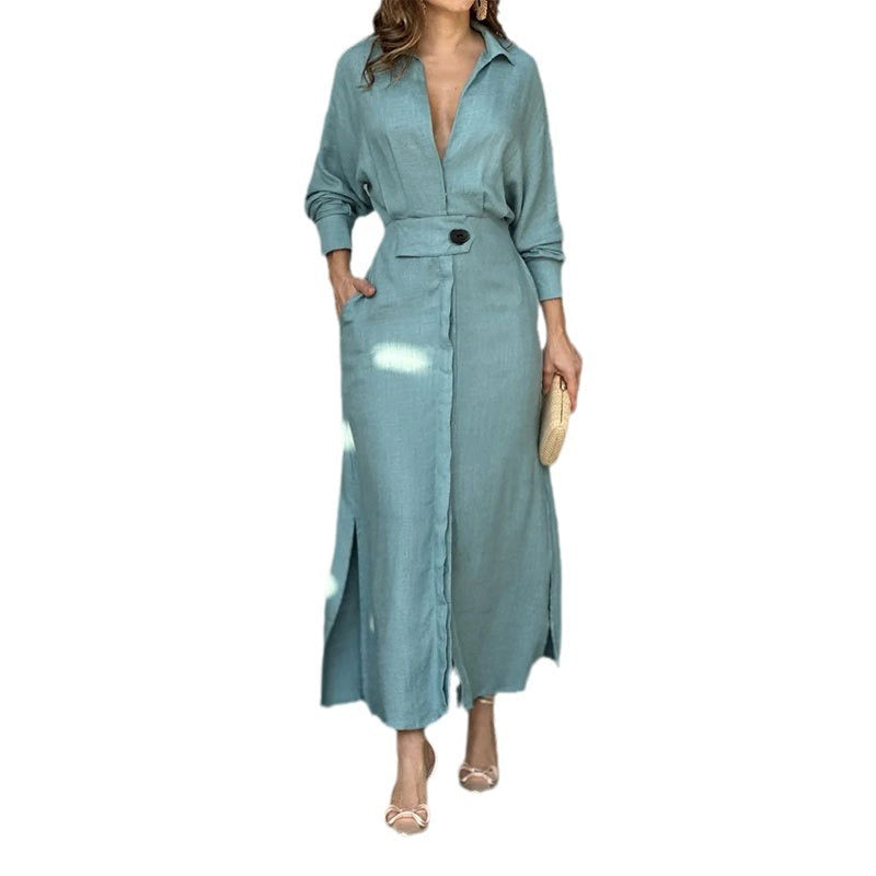 Women's Elegant V-Neck Maxi Dress with Belted Waist
