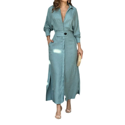 Women's Elegant V-Neck Maxi Dress with Belted Waist