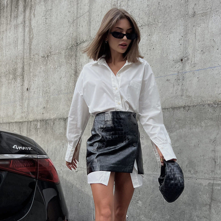 Trendy White Shirt Skirt Set With Belt