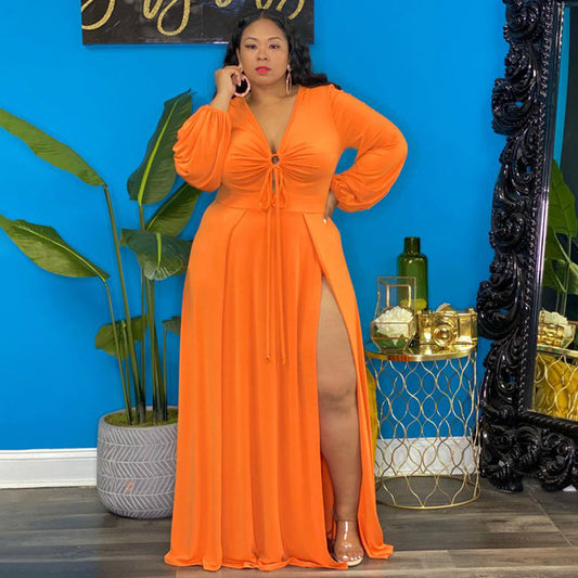 Plus Size Sexy V-Neck Split Maxi Dress