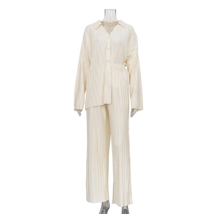 Trendy Solid Color Two-Piece Pants Set With Pleated Shirt