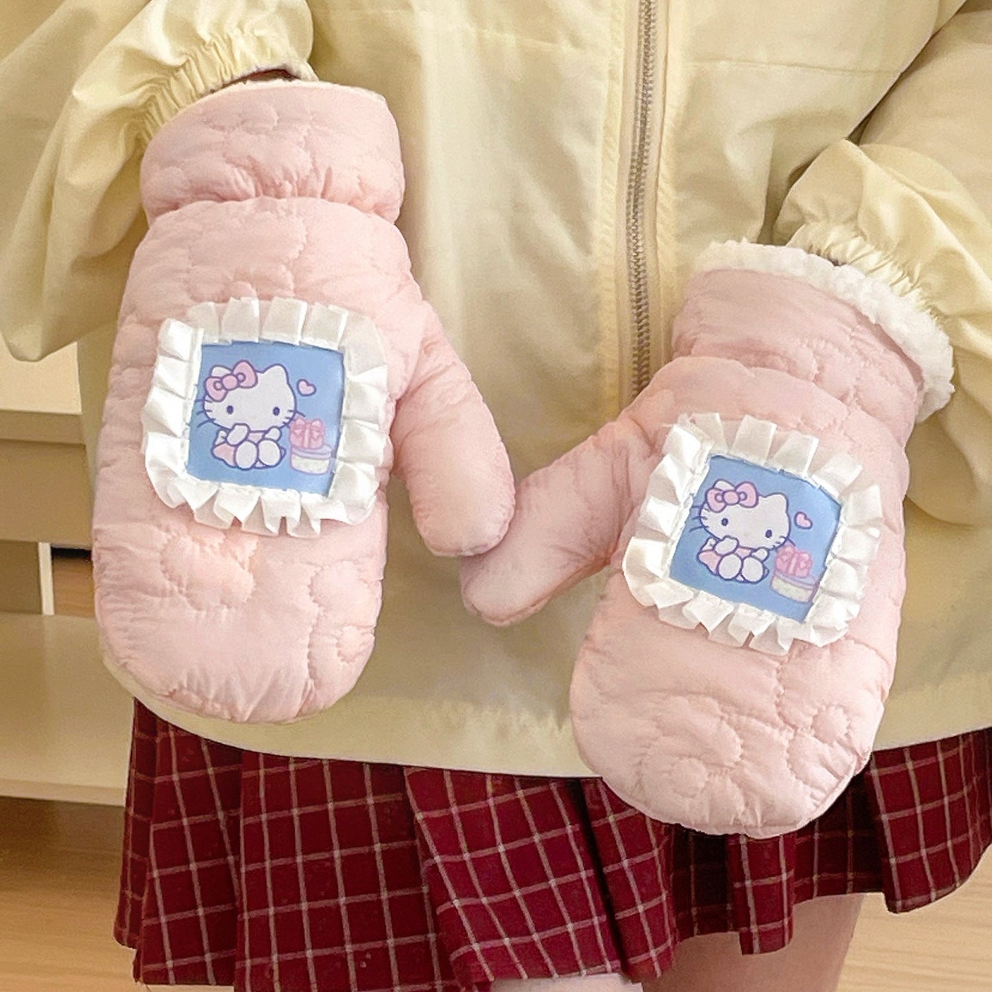 Kitty Cat Embroidered Winter Gloves Cute Cotton Gloves for Girls