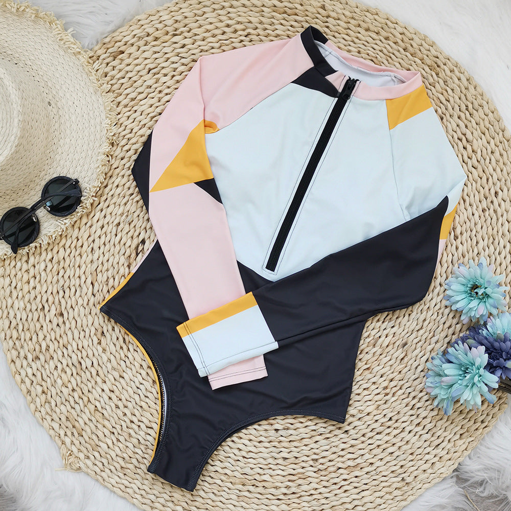 Long-Sleeved One-Piece Swimsuit Women'S Surfwear One-Piece Multi-Color Panel Zipper