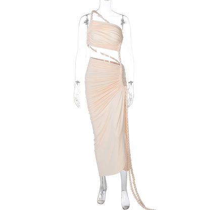 Trendy One-Shoulder Lace-Up Backless Maxi Dress