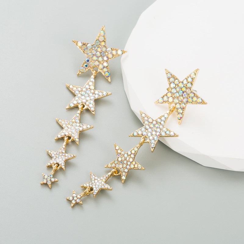 Star-Shaped Long Earrings with Multi-Layer Rhinestones