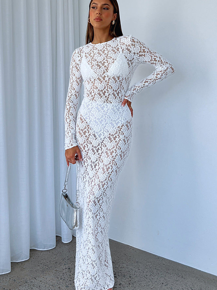 Sensual Lace Long Dress with Sheer Design for Parties