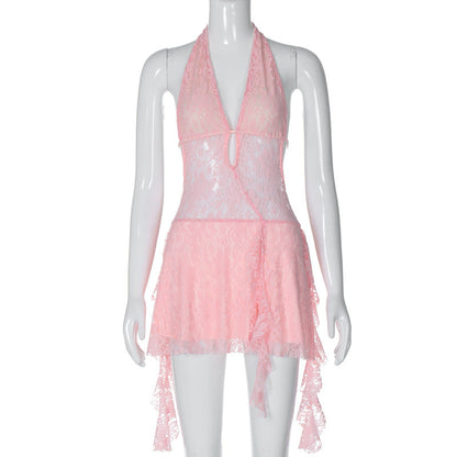 Sexy Lace Deep V Backless Mini Dress with Ribbons