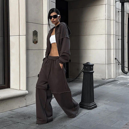 Hooded Long Sleeve Zip-Up Jacket And Loose Trousers Set