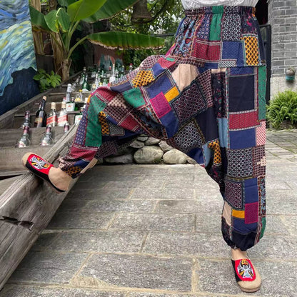 Ethnic Style Summer Men'S And Women'S Same Large Crotch Pants Cotton And Linen Printed Casual Lantern Trousers