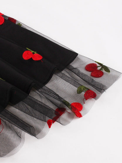 Plus Size High Waist A-Line Skirt with Cherry Embroidery