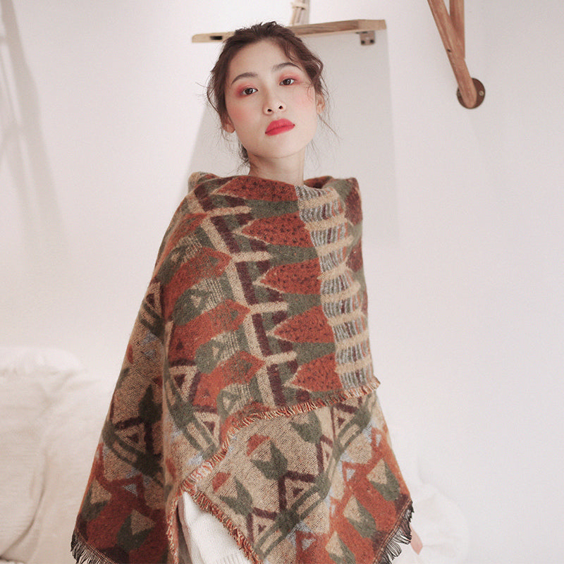 Blue Scarf Women'S Winter Thick Dual-Purpose Shawl Ethnic Style Oversized Blanket Type