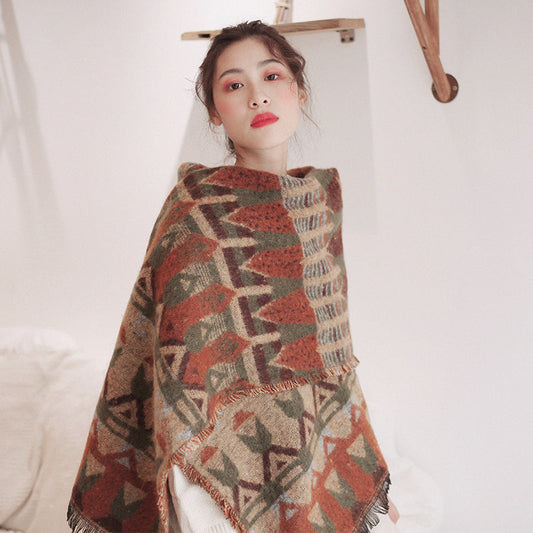 Blue Scarf Women'S Winter Thick Dual-Purpose Shawl Ethnic Style Oversized Blanket Type