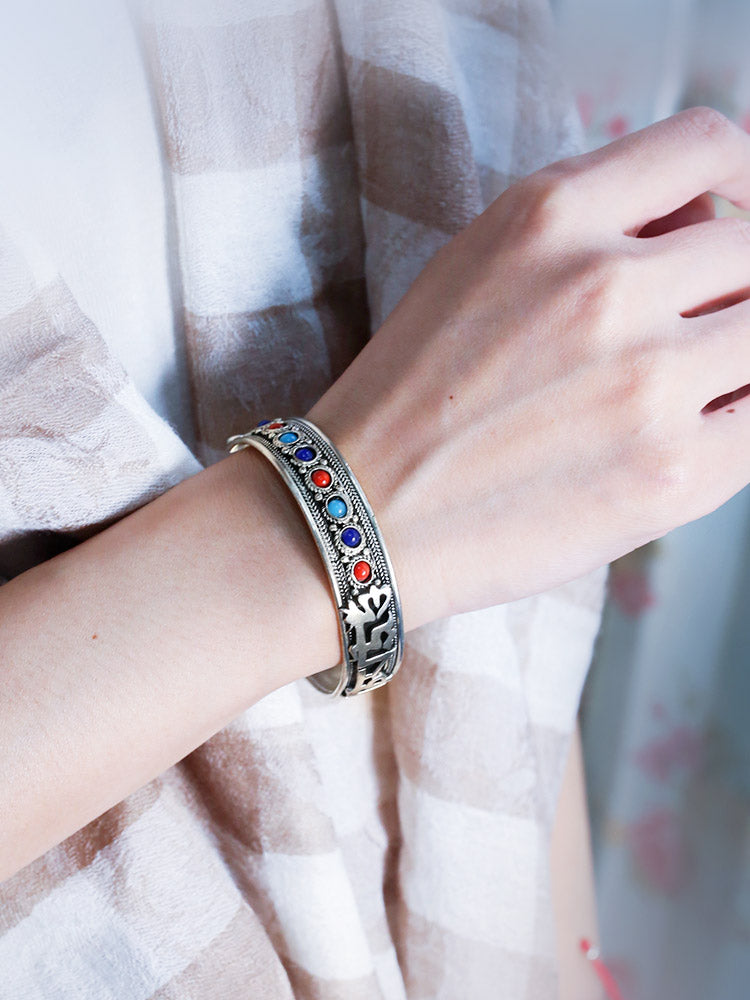 Ethnic Style Nepalese Handmade Jewelry Inlaid With Turquoise Retro Tibetan Jewelry Bracelet, Six-Syllable Mantra