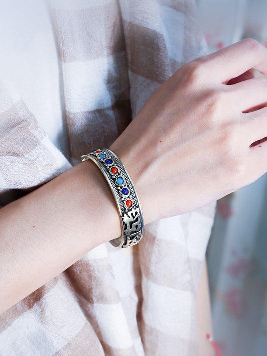 Ethnic Style Nepalese Handmade Jewelry Inlaid With Turquoise Retro Tibetan Jewelry Bracelet, Six-Syllable Mantra