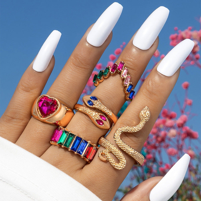 Snake Heart Shaped Gemstone Rings Jewelry Set