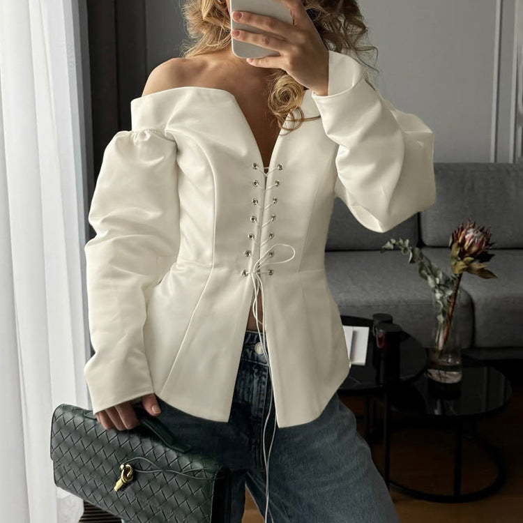 Off-Shoulder Tie Front Long Sleeve Top for Women