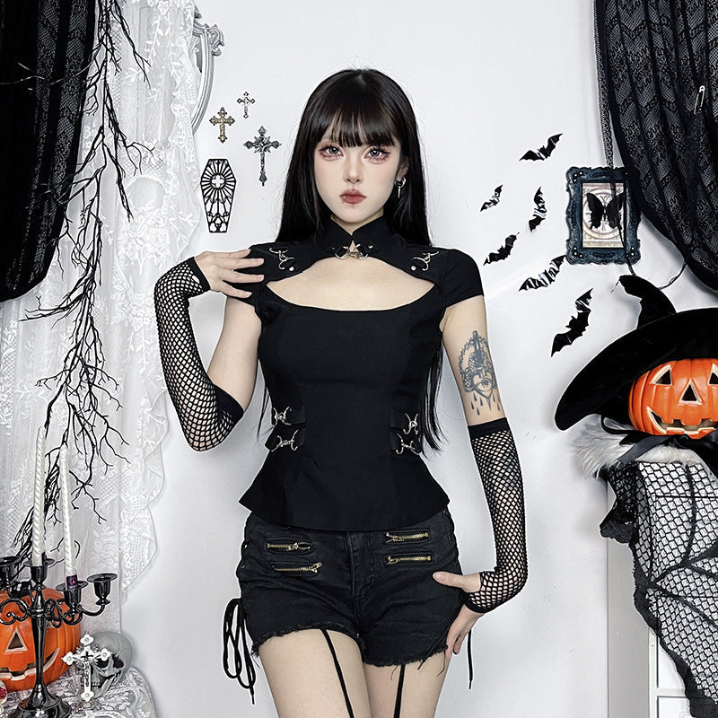 Trendy Dark Aesthetic Long Sleeve T-Shirt with Metal Lock Detailing