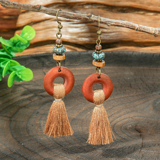 Creative Floral Tassel Wood Earrings Fashionable Casual Long Earrings