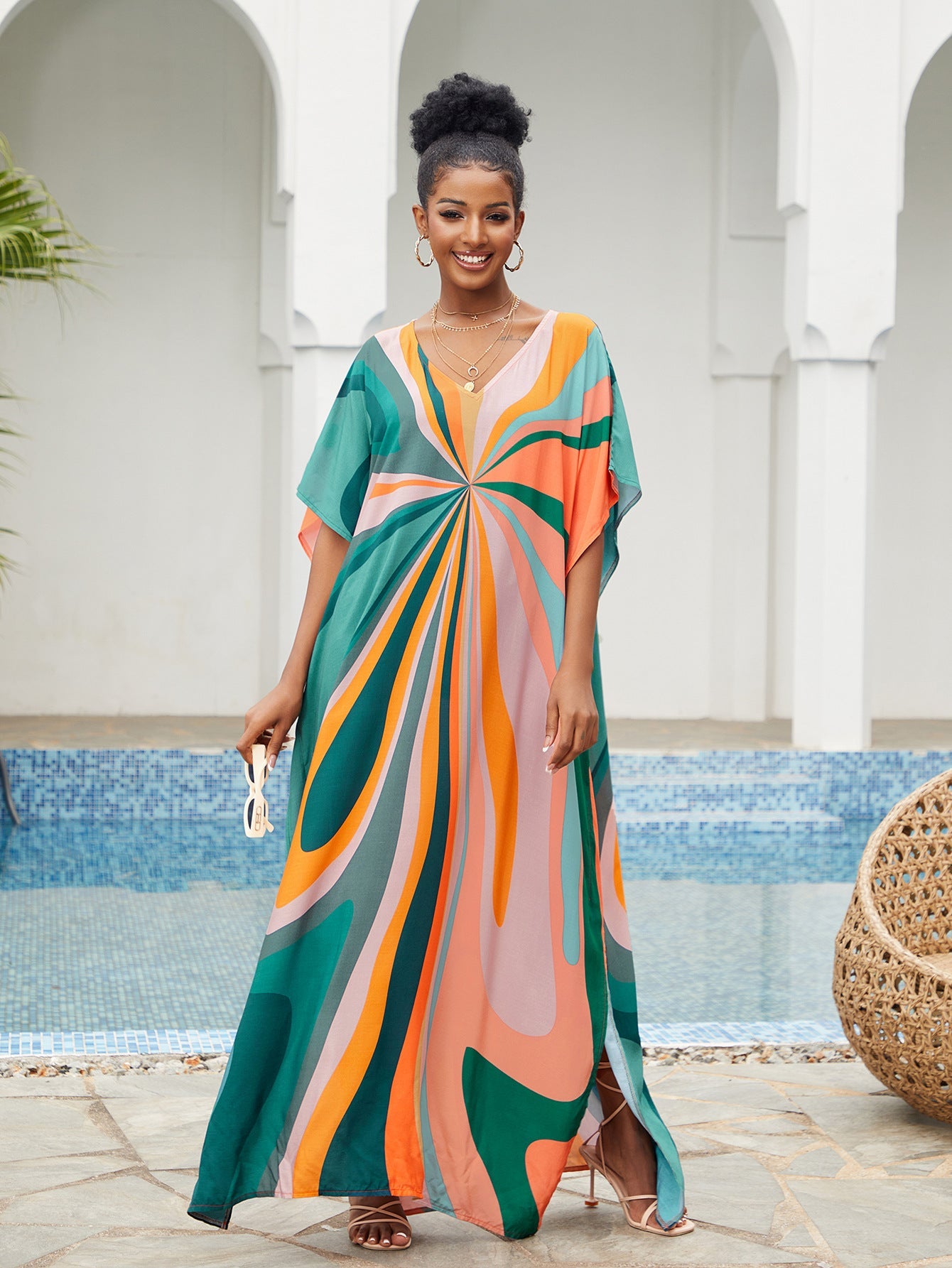New Cotton Positioning Printed Beach Blouse, Robe-Style Holiday Sunscreen Shirt, Bikini Outer Blouse
