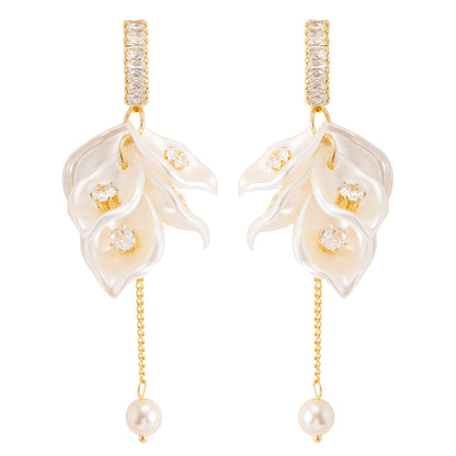 Floral Pearl Tassel Earrings With Zirconia Accents