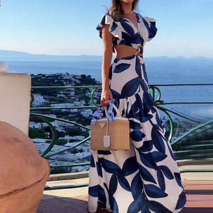 Blue Floral Print A-Line Dress V-Neck Casual Dress