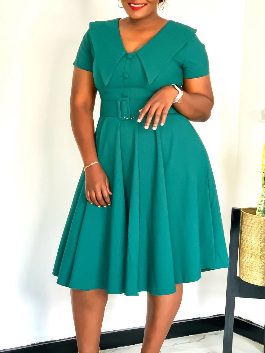 Elegant A-Line Dress With Doll Collar And Flare Skirt