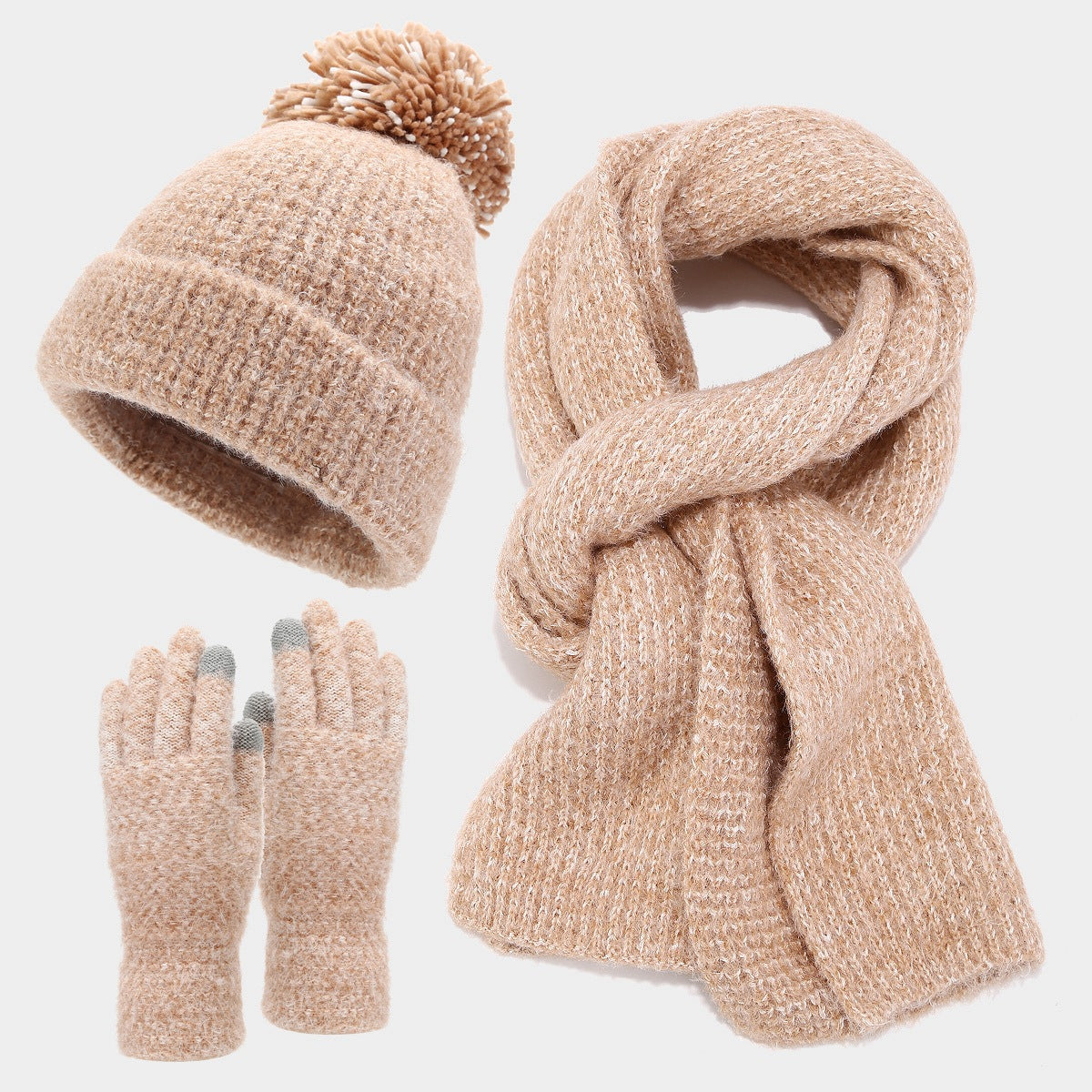 3 Pcs Winter Thermal Beanie Hat Scarf Gloves Sets