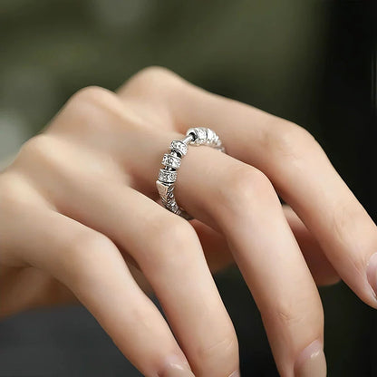 S925 Silver Six-Character Mantra Ring, Female Niche Design, Retro Ethnic Ring