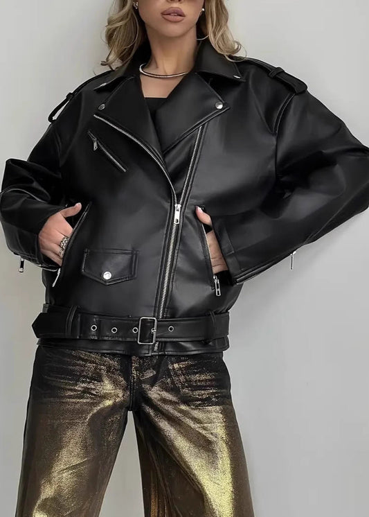 Oversized Faux Leather Biker Jacket Black