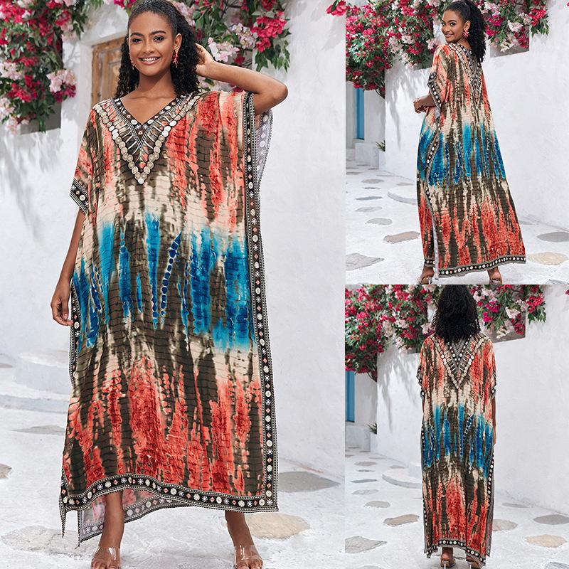 Cotton Watermark Printed Beach Blouses Robe-Style Holiday Sunscreen Blouses Bikini Blouses