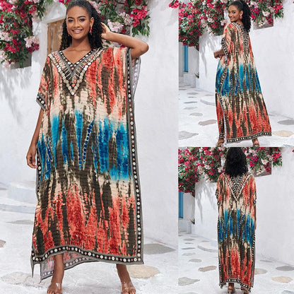 Cotton Watermark Printed Beach Blouses Robe-Style Holiday Sunscreen Blouses Bikini Blouses