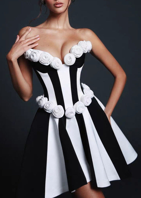 Strapless Satin Rosette Mini Dress Black White