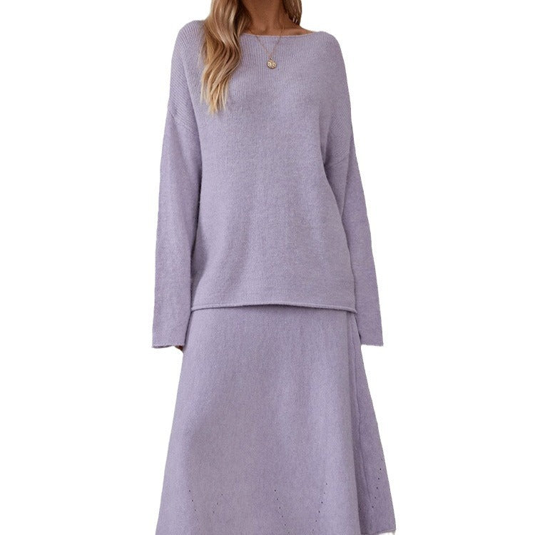 2 Pcs Fall Knit Loose Sweater Midi Skirt Set