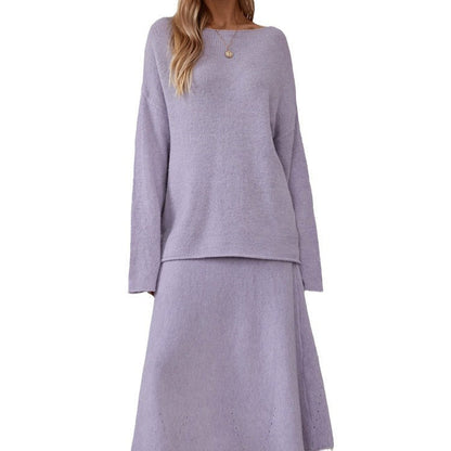 2 Pcs Fall Knit Loose Sweater Midi Skirt Set