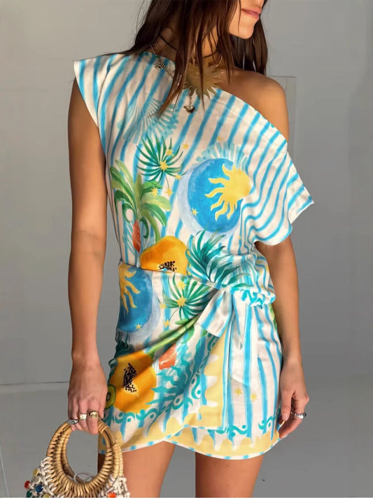 Linen Off-Shoulder Bodycon Dress Set with Tie Detail
