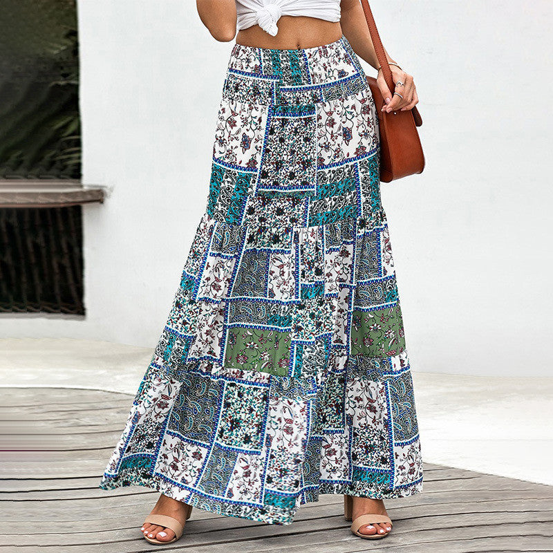 Printed Skirt Summer Ethnic Style High Waist Thin A-Line Skirt