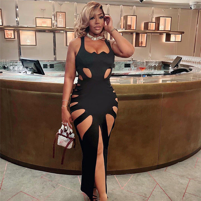 High Waist U-Neck Hollow Out Bodycon Maxi Dress