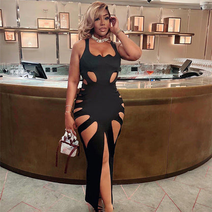 High Waist U-Neck Hollow Out Bodycon Maxi Dress