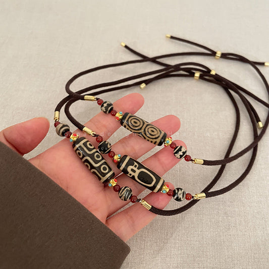 Ethnic Style Tibetan Style Nine-Eyed Dzi Necklace Women'S Niche Design Emotional Couple Accessories New Chinese Vintage Sweater Chain