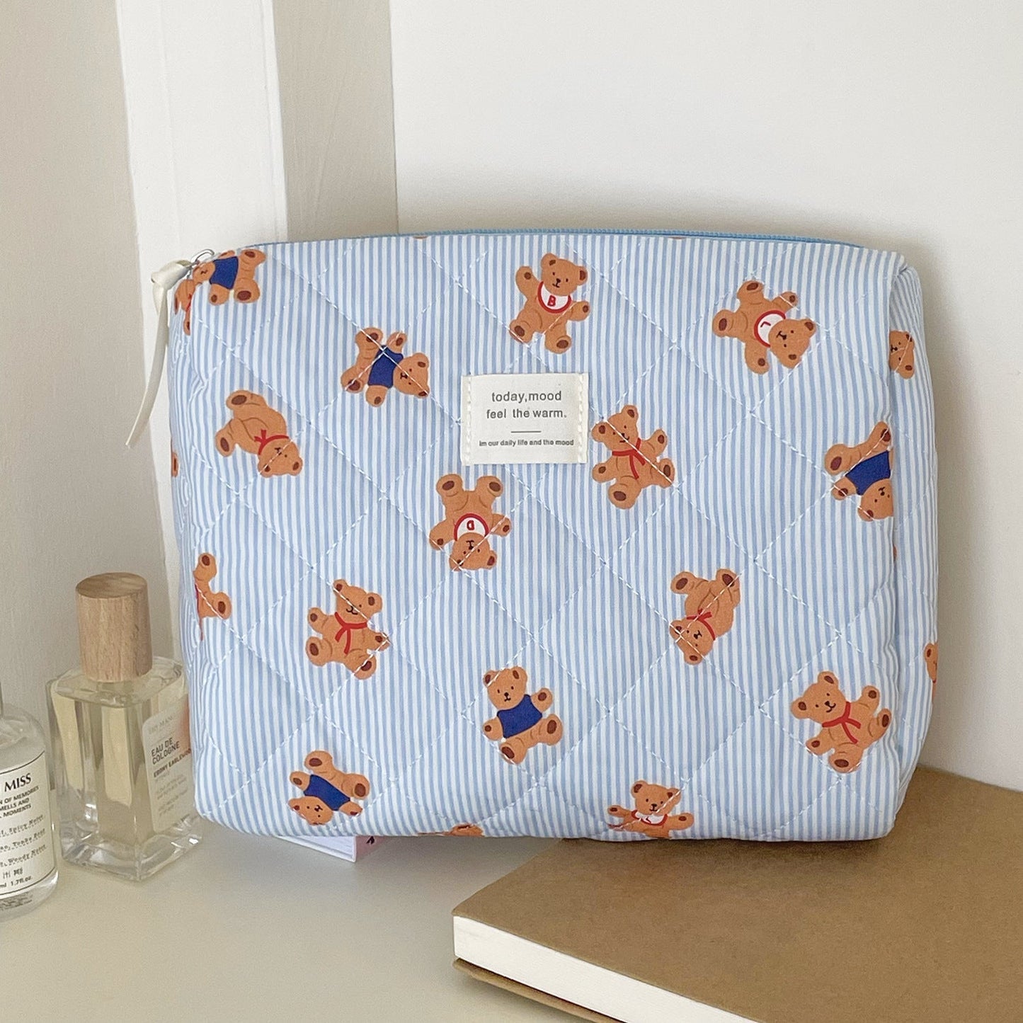 Cute Bear Print Striped Make Up Bag