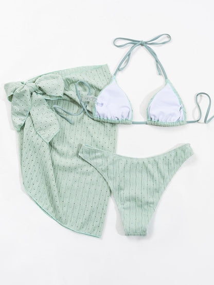 3PCS Sexy Solid Color Mesh Dress Halter Swimwear