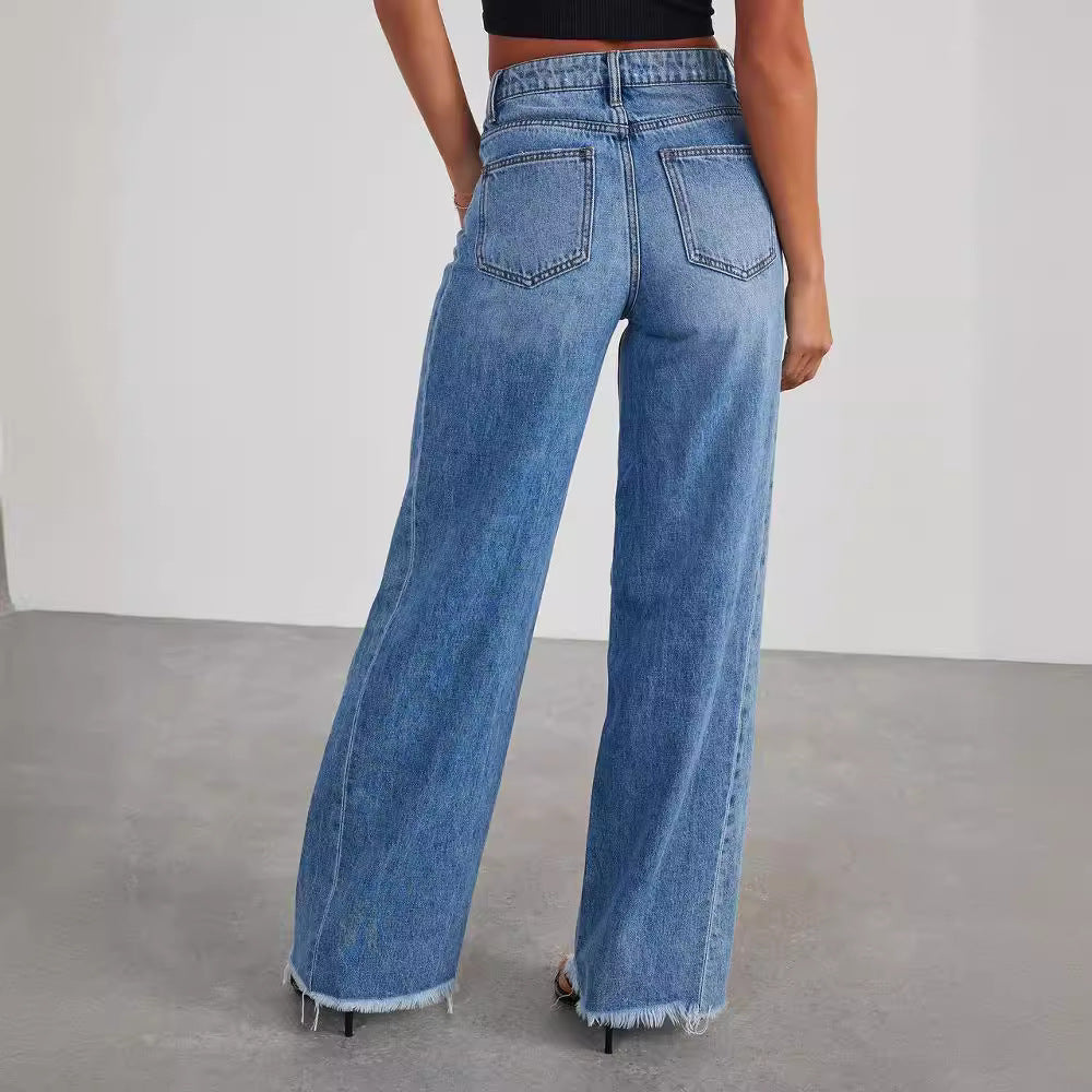 Wide-Legged Distressed Denim Pants with Side Paneling for Women