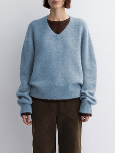 V-Neck Warm Knit Sweater with Rabbit Hair for Casual Elegance