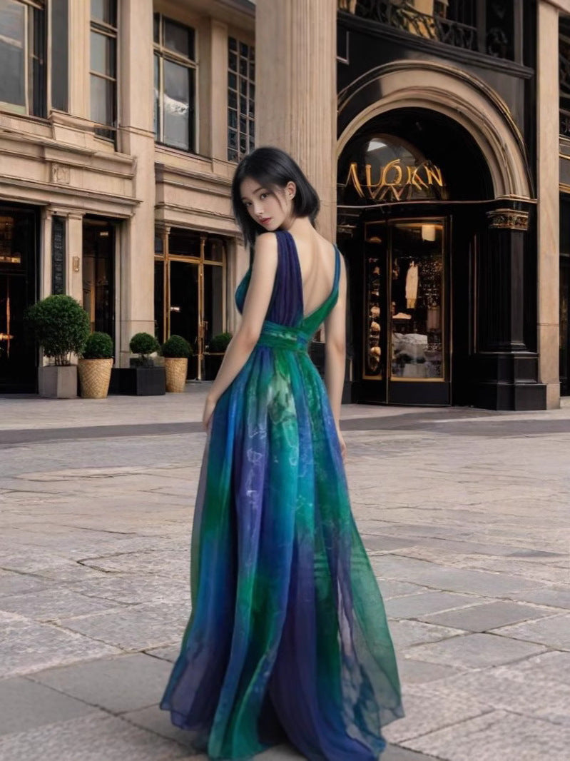 Floral Print Deep V-Neck Chiffon Maxi Dress For Women