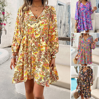 Bohemian Floral Long Sleeve Dress in Polyester Casual V-Neck