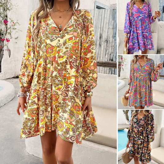 Bohemian Floral Long Sleeve Dress in Polyester Casual V-Neck
