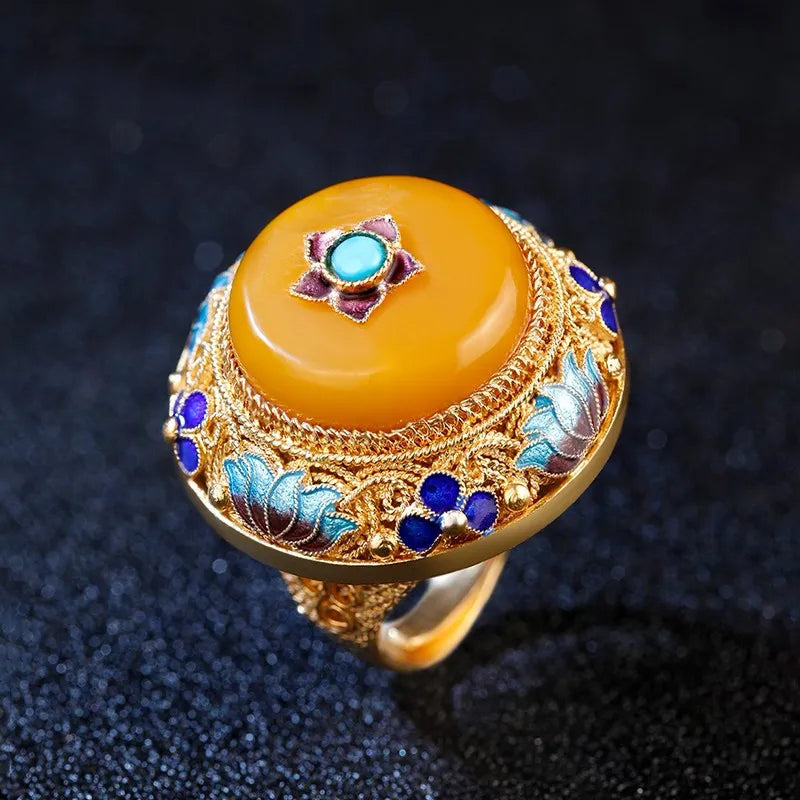 Handmade Silver Flower Silk Inlaid With Topaz Honey Wax S925 Silver Ring Retro Palace Gilded Gold Big Thumb Ring